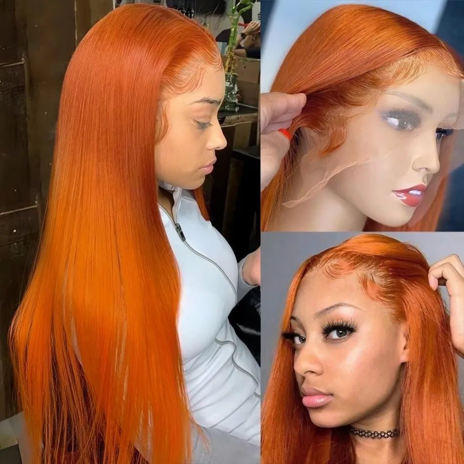 Ginger Orange Straight 13X6 Hd Lace Front Human Hair Wig 100% 220 Density 36 Inch Wigs 
