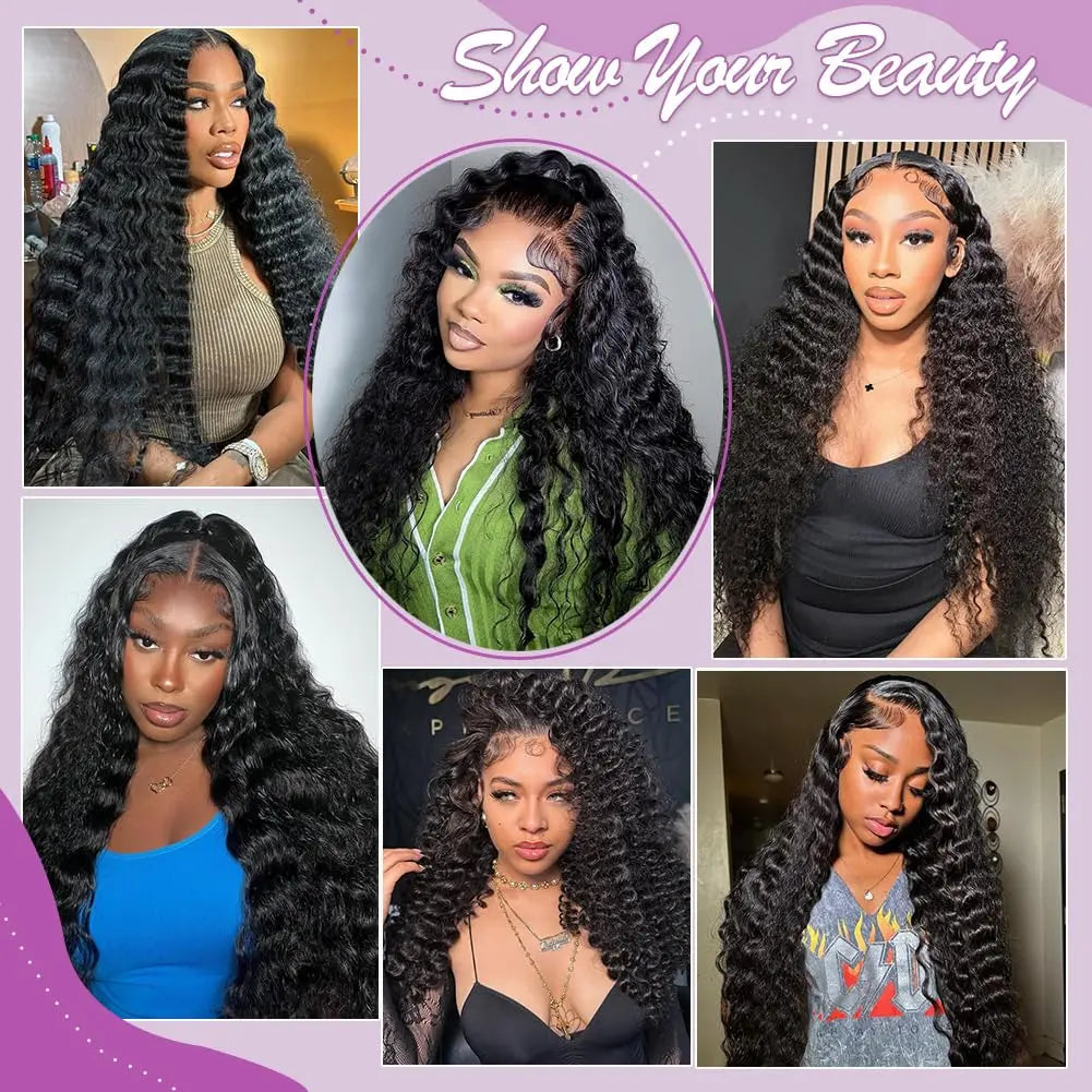 Deep Cury HD Transparent Lace Frontal Wig Natural Black 30Inch 200% Density 13x6 Deep Wave Lace Front Wig Human Hair Pre Plucked