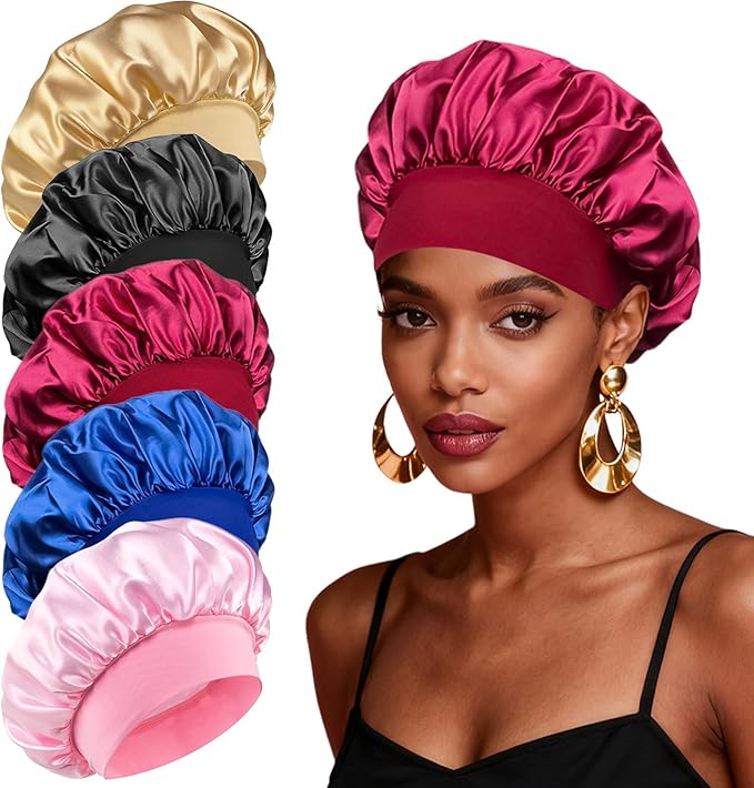 Silk Satin Hair Bonnet for Sleeping Women Curly and Natural Hair 5 Pack