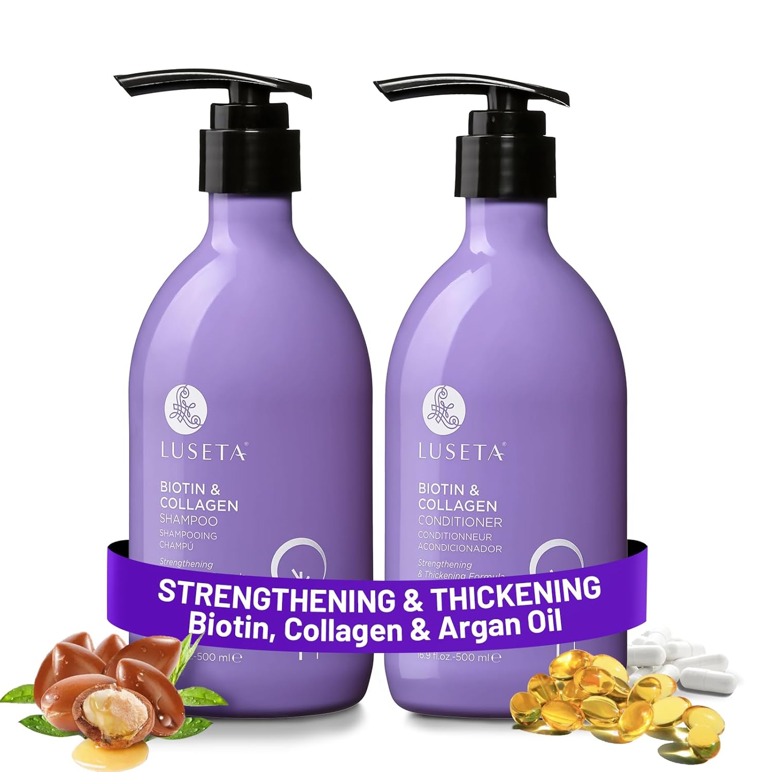 Luseta Biotin Shampoo and Conditioner Set – Thickening for Thinning Hair with Argan Oil (Sulfate & Paraben Free) 16.9 fl oz