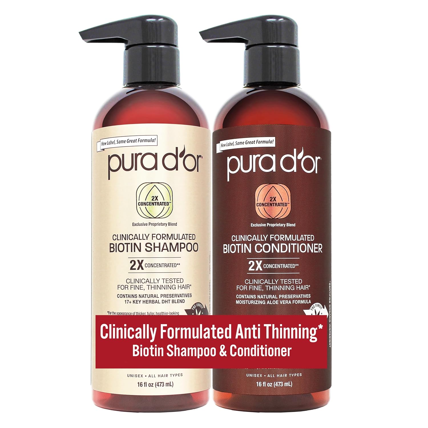 PURA D'OR Biotin Shampoo & Conditioner Set – Sulfate Free, 2X Concentrated Herbal Blend (16oz x2)