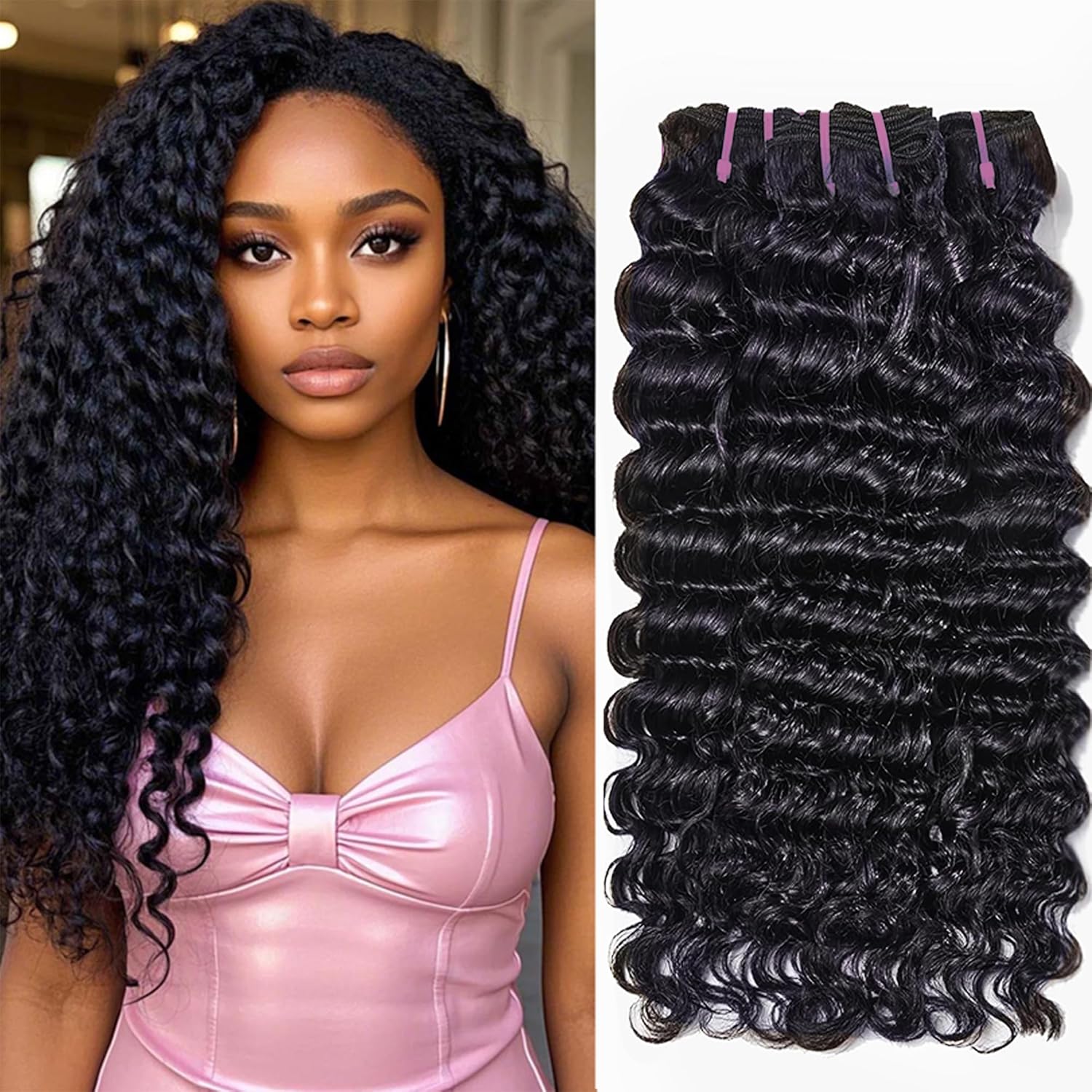 15A Deep Wave Human Hair Bundles 24–28 Inch – Brazilian Virgin Hair 3 Bundle Set (1B)