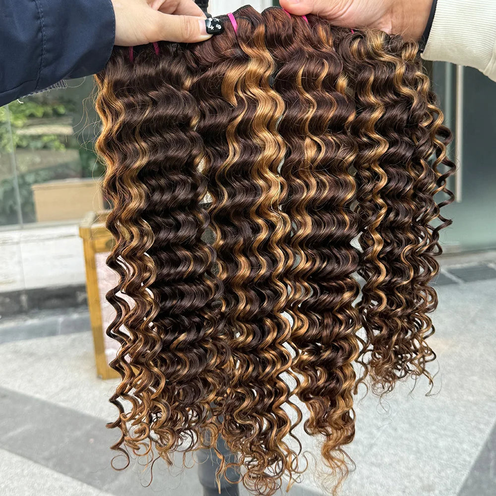 Deep Wave Human Hair Bundles 1-4 Bundles Available 100% Real Human Hair Weft Extensions Double Weft Ocean P4/27 Color for Women.
