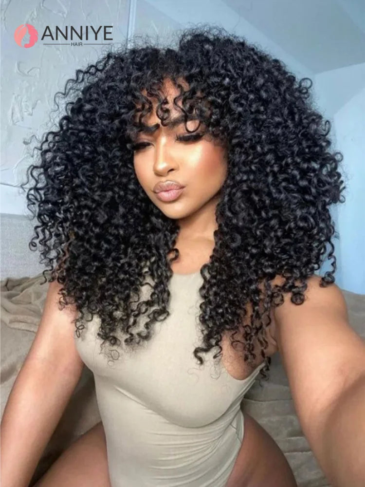 Water Wave Human Hair Wigs For Women Glueless Short Kinky Curly Bob Wig With Bangs Perruque Cheveux Humain Full Machine Made Wig