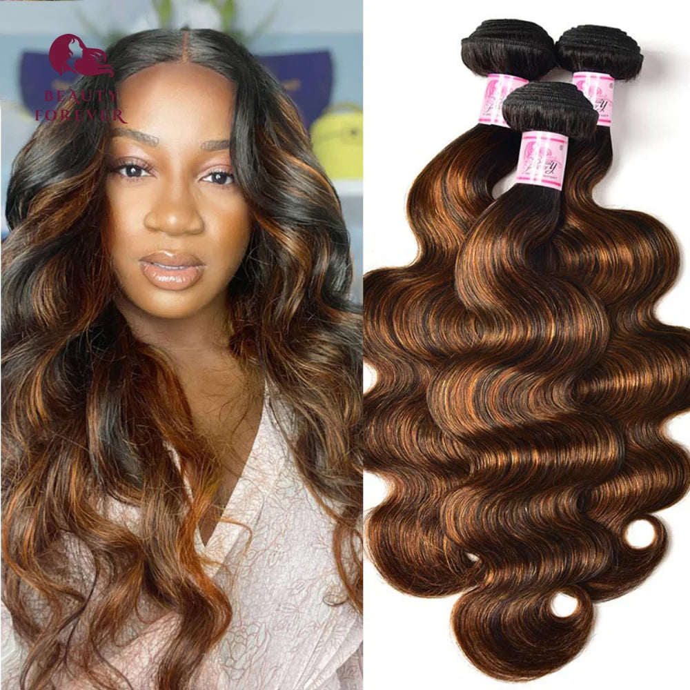 Beauty Forever Ombre Brown Human Hair Bundles 12A Thick End Body Wave Highlight Colored Human Hair Weaves Bundles Curly