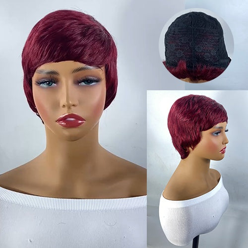 Short Burgundy Pixie Wig - Human Hair Elf Cut for Women