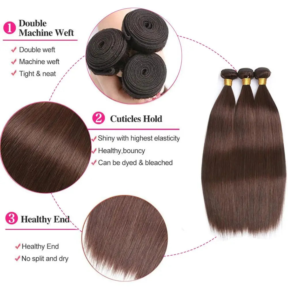 Dark Brown Bundle Human Hair Color 4 Straight Bundles Virgin Remy Hair 3 Bundles Double Weft Chocolate Brown Straight Bundles