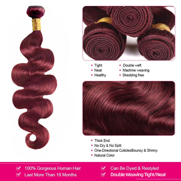 Body Wave Human Hair Bundles Wine Red Color 99J Burgundy 100% Brazilian Remy Virgin Human Hair Quick Weave 3 Bundles Extensions
