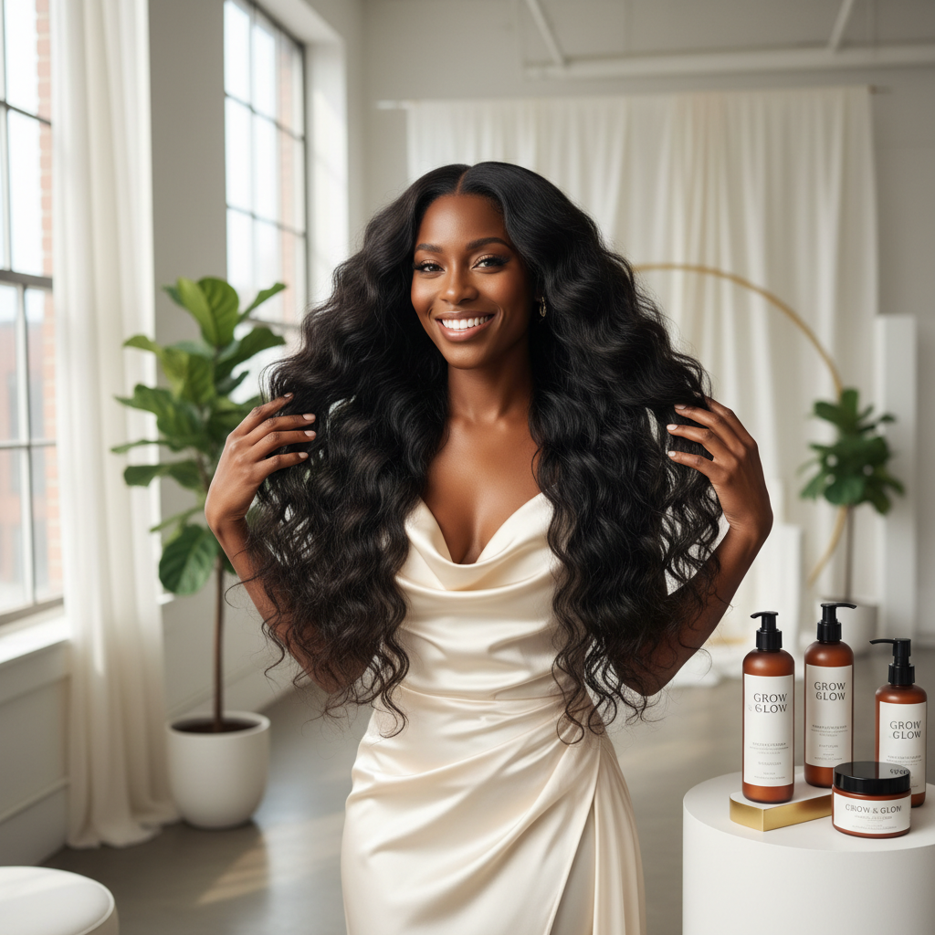 Black woman with long healthy hair - Hair Growth Routine